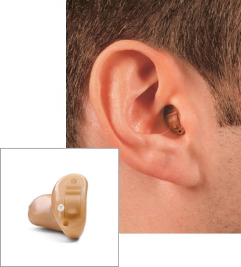 A person wearing a CIC hearing aid next to a picture of the device itself
