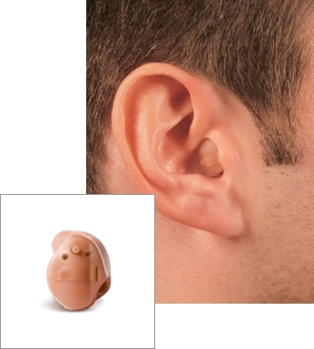 A person wearing an ITC hearing aid next to a picture of the device itself