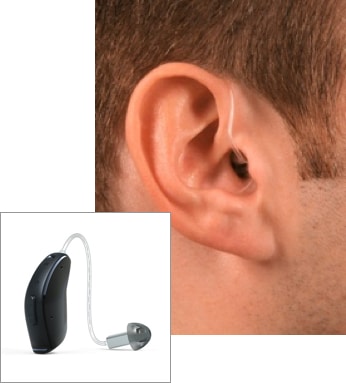 A person wearing an RIC hearing aid next to a picture of the device itself
