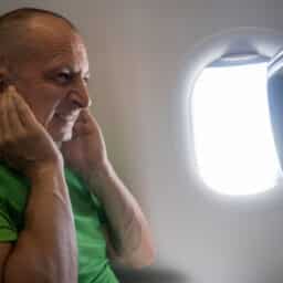 Man in the window seat of a plane holding his ears, looking uncomfortable